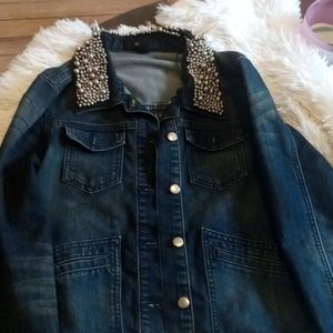 Forever 21 Distressed Dark Wash Jean Jacket with Rhinestones